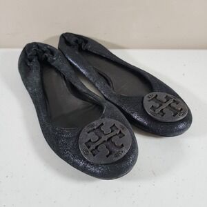 Tory Burch Minnie Travel Ballet with Logo Size 9 M Black Leather Used